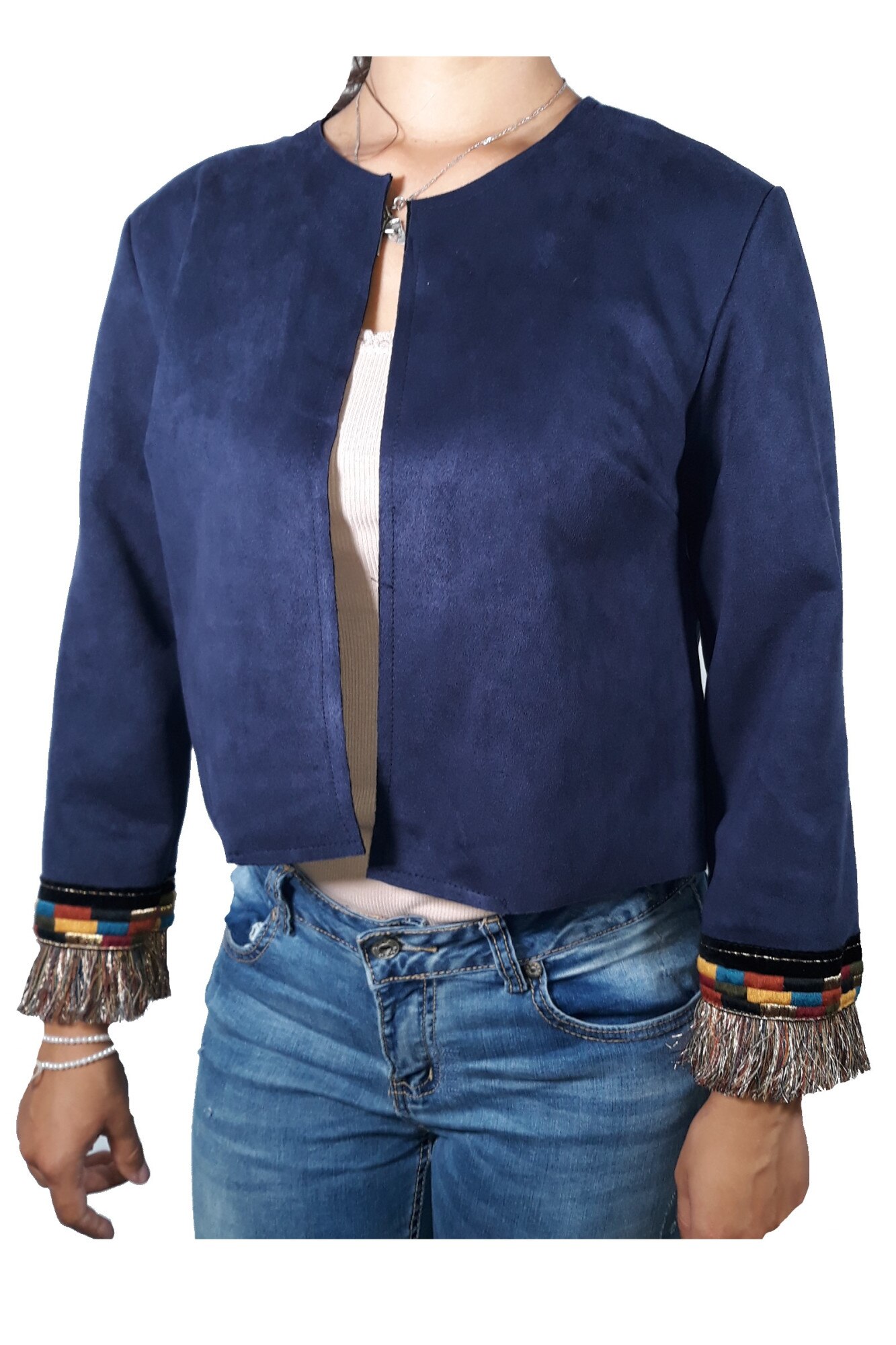 Sacou dama, cu franjuri multicolore, marimea M-L, Albastru inchis