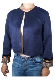 Sacou dama, cu franjuri multicolore, marimea M-L, Albastru inchis Sacou dama, cu franjuri multicolore, marimea M-L, Albastru inchis