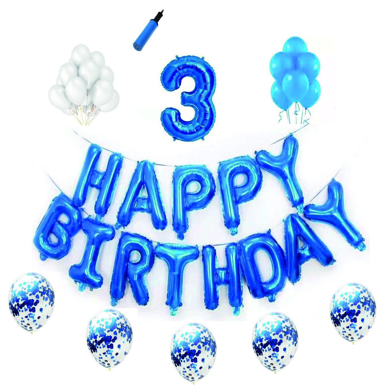 Set baloane Happy Birthday , pentru 3 ani, cifra 1 metru,Albastru