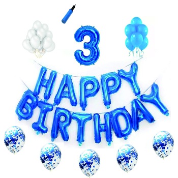Set baloane Happy Birthday , pentru 3 ani, cifra 1 metru,Albastru Set baloane Happy Birthday , pentru 3 ani, cifra 1 metru,Albastru