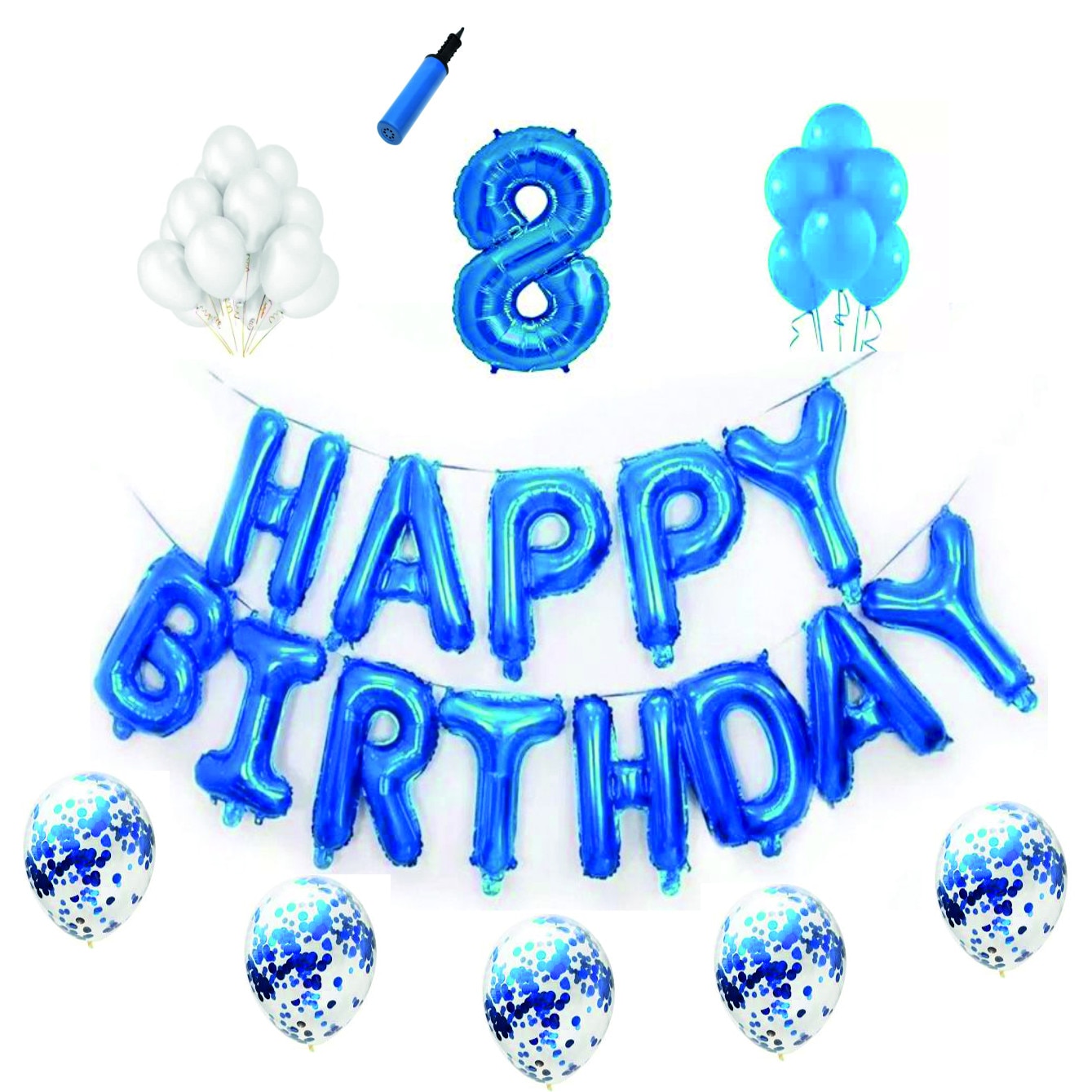 Set baloane Happy Birthday , pentru 8 ani, cifra 1 metru,Albastru