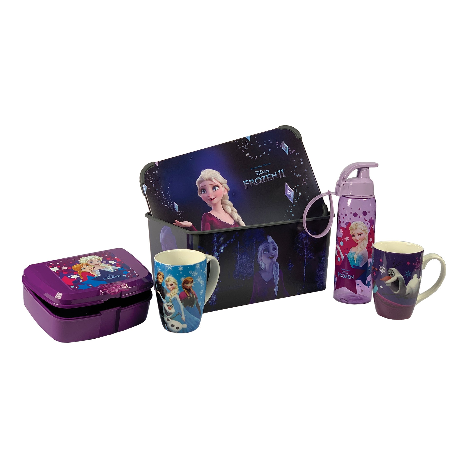 Set Disney Frozen, cutie alimentara, cutie depozitare 5L, 2 x cana 300ml, sticla apa 500 ml, Multicolor