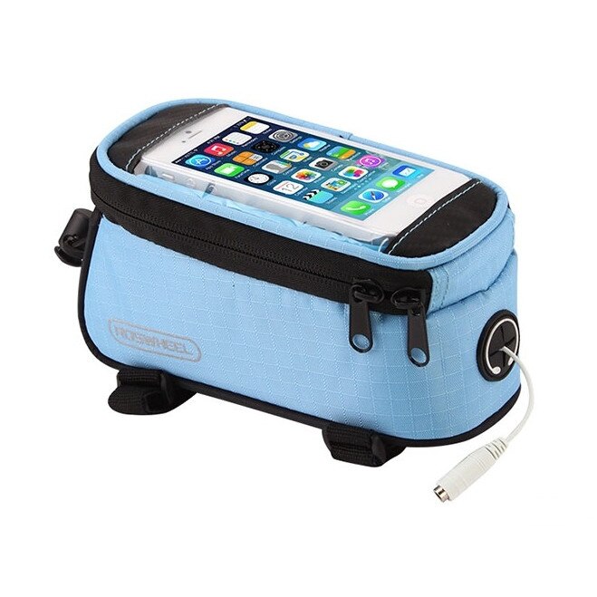 Borseta bicicleta Roswheel cu husa telefon impermeabila, albastra, pentru telefoane pana in 4.8 inch, cablu jack 3.5 mm inclus, montare pe cadru , 1.2 L