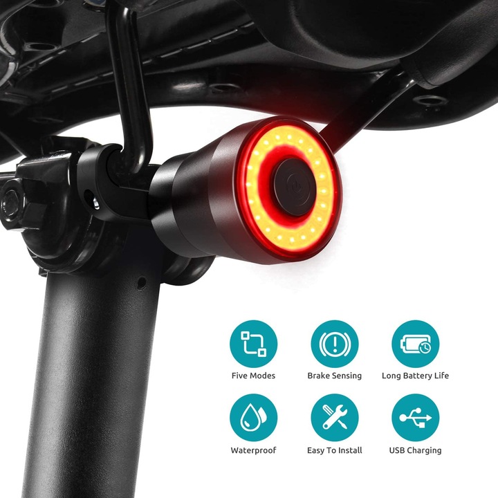 Stop Bicicleta Intelligent, IP65 Rezistent la Apa si Praf, 4 Moduri de Lumina, Auto On/Off, Senzor Franare, COB LED, Aluminiu, Acumulator 400mAh, Incarcare USB, Negru