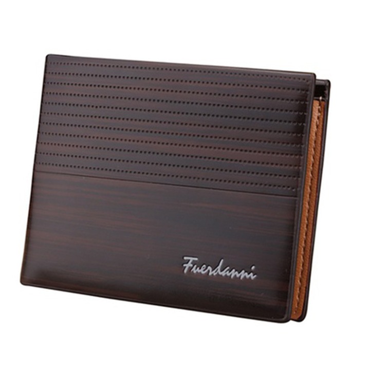 Portofel pentru barbati, Fuerdanni, Piele ecologica, 12 x 10 x 2 cm, Maro inchis