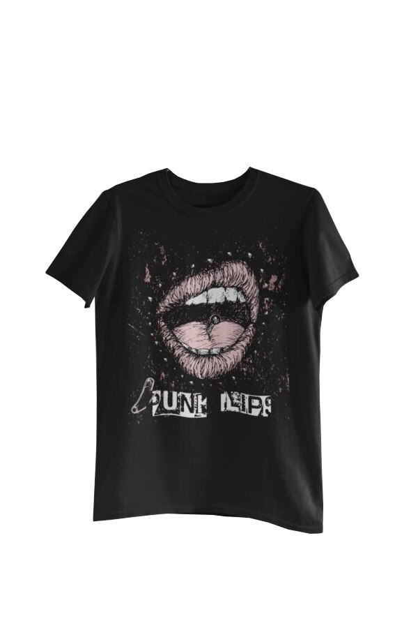 Tricou cu imprimeu Punk Lips, Negru