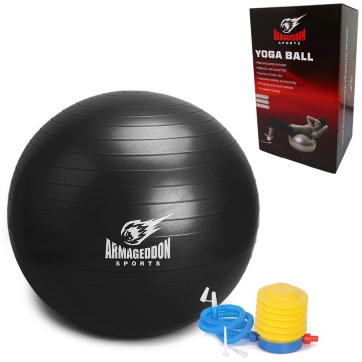 Minge de Gimnastica si Aerobic anti-spargere Armageddon Sports, Suprafata aderenta, diametru 75 cm, Pompa inclusa, Negru