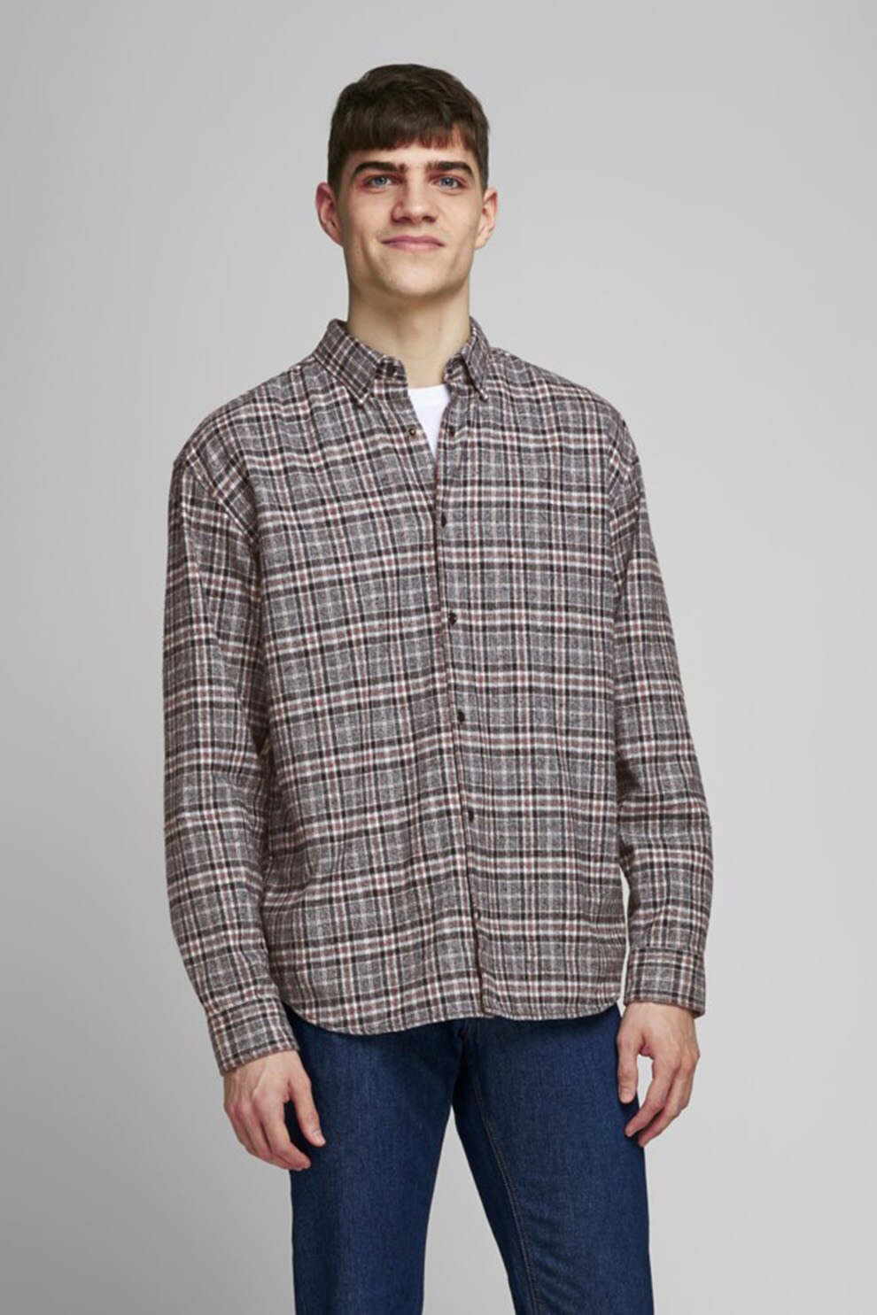 Jack&Jones, Camasa relaxed fit cu model in carouri, Gri inchis