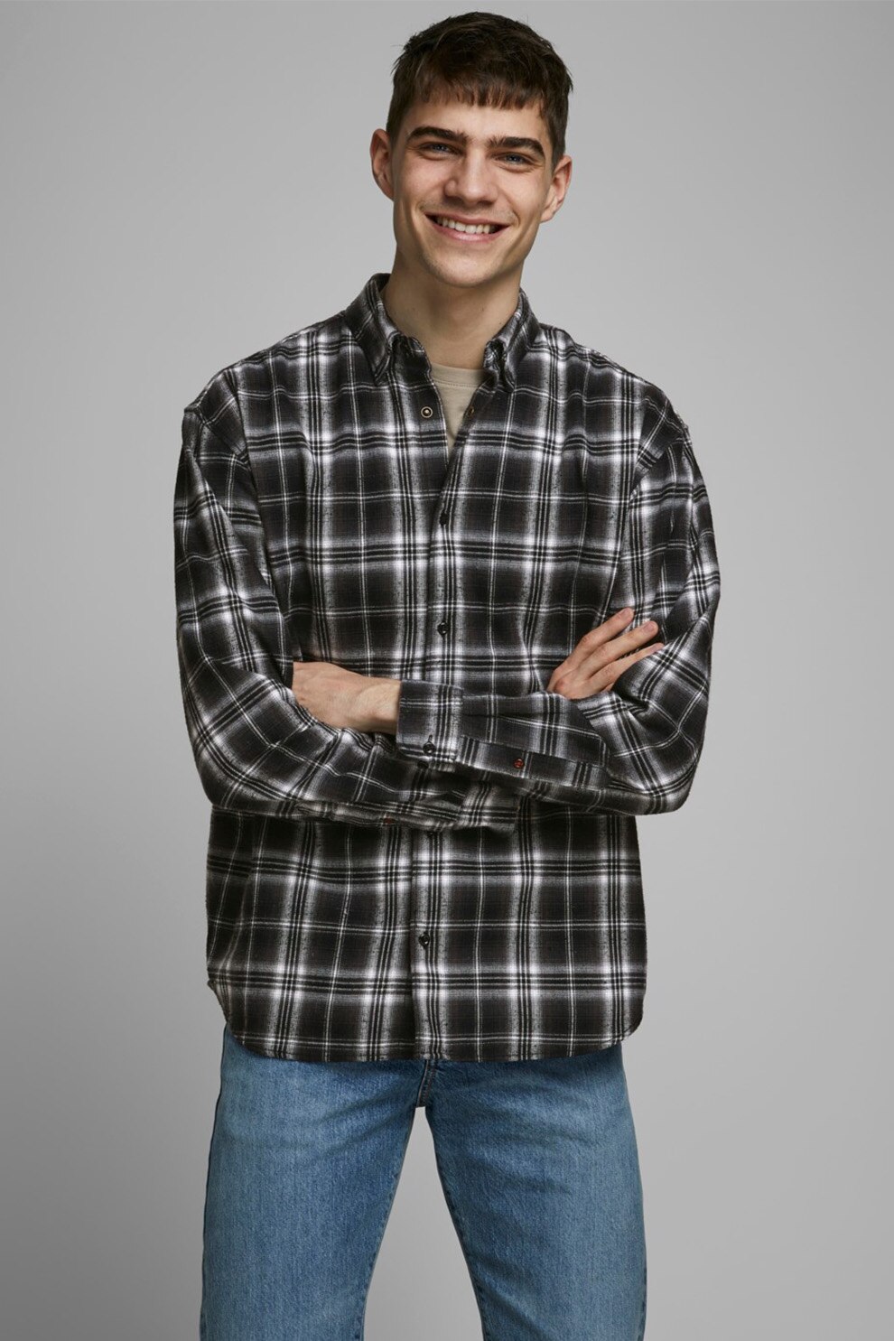 Jack&Jones, Camasa relaxed fit cu model in carouri, Negru