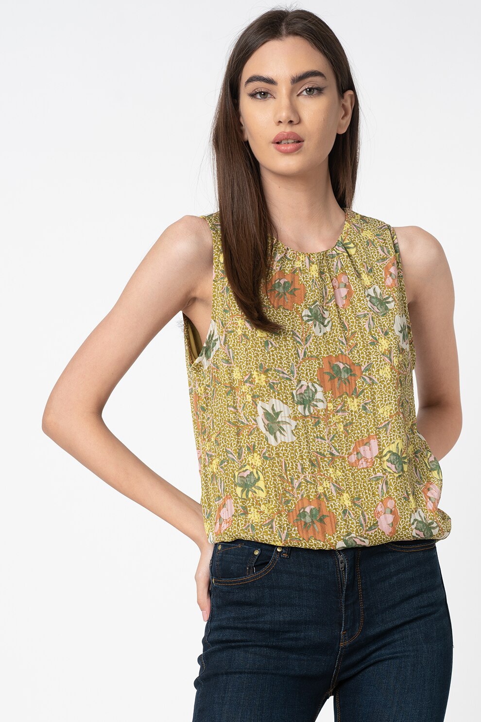 Vero Moda, Bluza cu pliuri si model floral Cille, Verde oliv/rosu caramiziu/galben