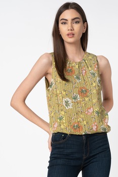 Vero Moda, Bluza cu pliuri si model floral Cille, Verde oliv/rosu caramiziu/galben Vero Moda, Bluza cu pliuri si model floral Cille, Verde oliv/rosu caramiziu/galben