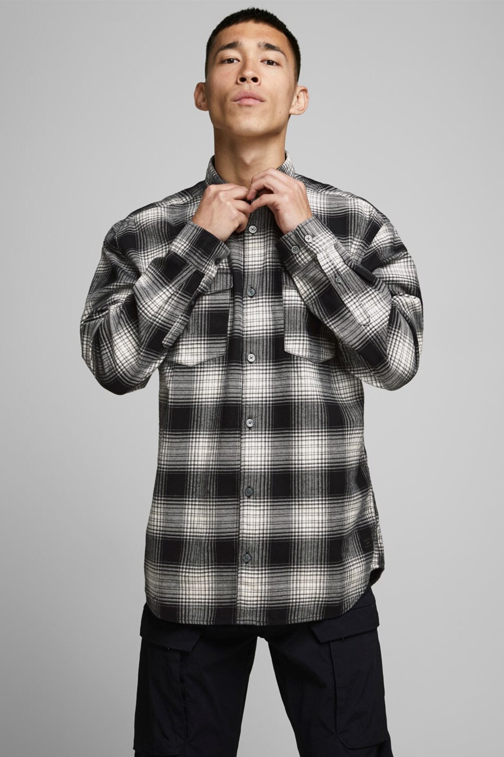 Jack&Jones, Camasa cu imprimeu in carouri si buzunare aplicate, Negru