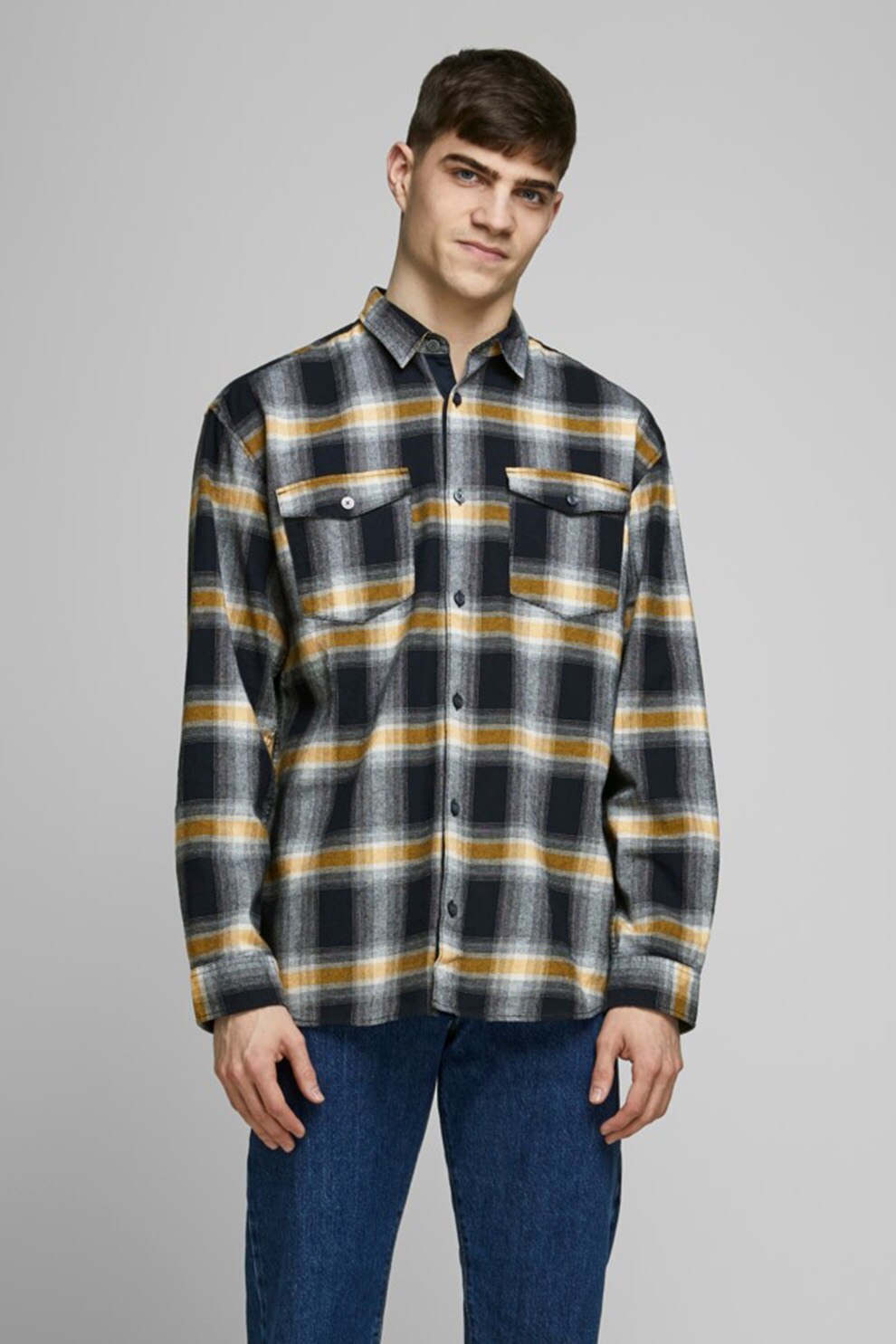 Jack&Jones, Camasa cu imprimeu in carouri si buzunare aplicate, Bleumarin