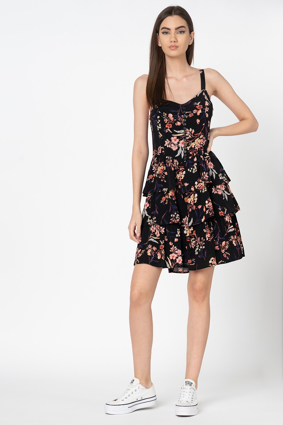 Vero Moda, Rochie cu model stratificat si imprimeu floral Eva, Negru/Roz, XL