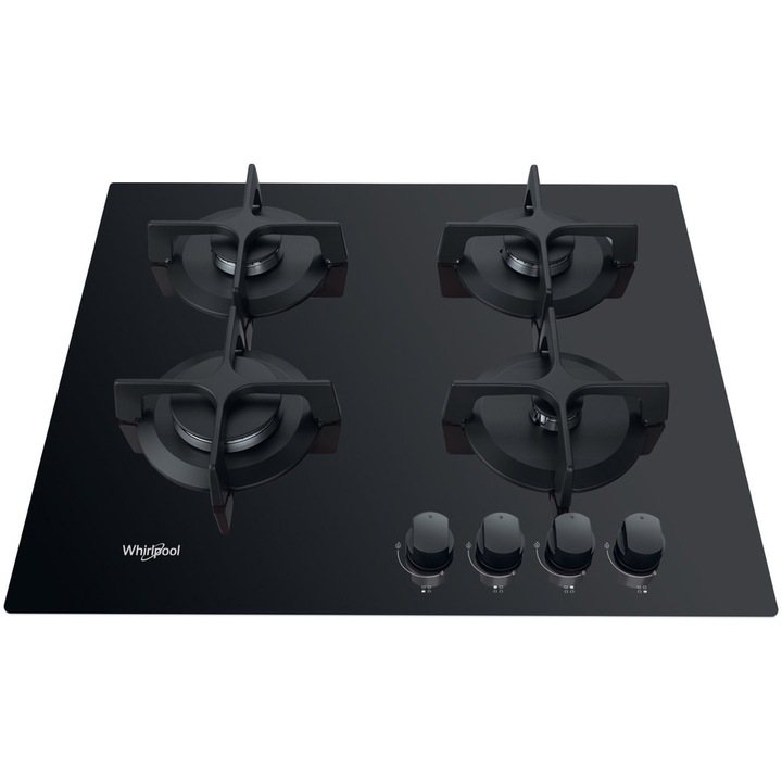 Plita incorporabila Whirlpool GOB616NB, Gaz, 4 arzatoare, Gratare fonta, MultiStep, 60 cm, Negru