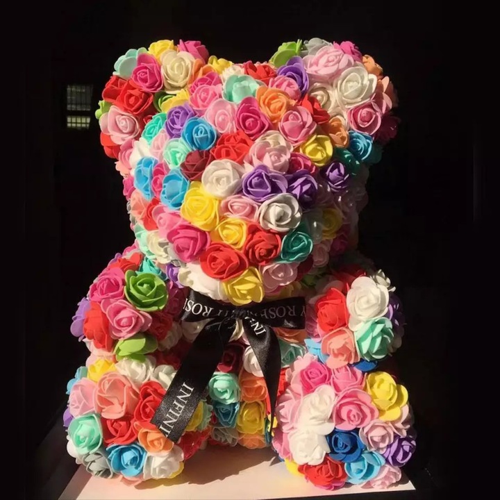 Ursulet din trandafiri de spuma, teddy bear multicolor, 40 cm, handmade, cutie transparenta