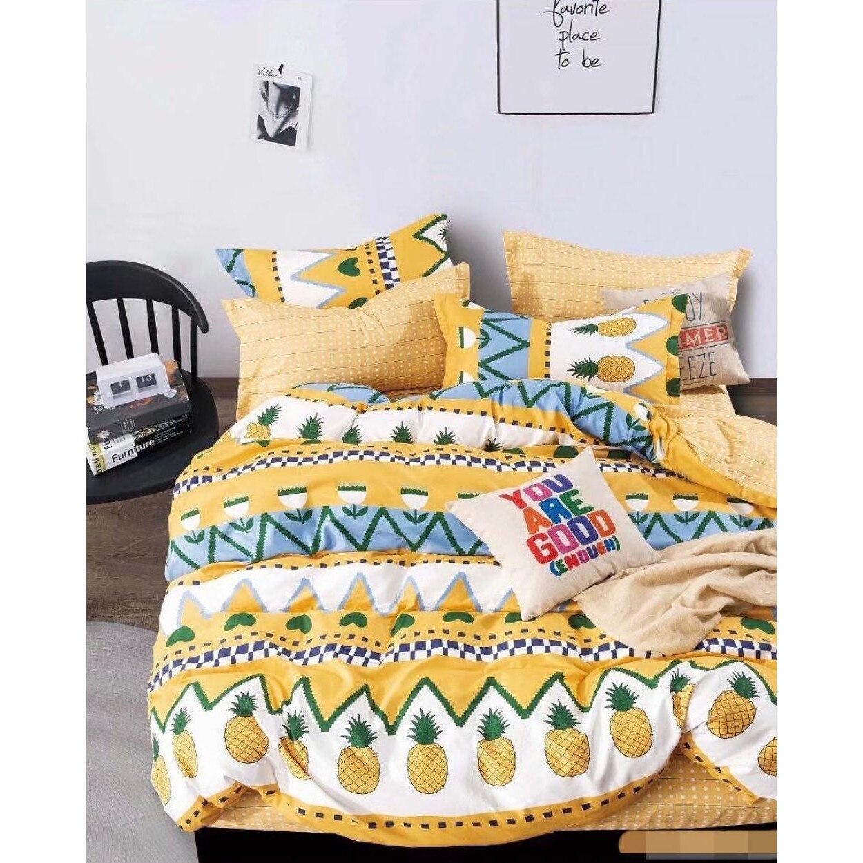 Set Lenjerie de Pat din Finet cu 2 Fete, 6 Piese, Pat 2 Persoane, Ananas