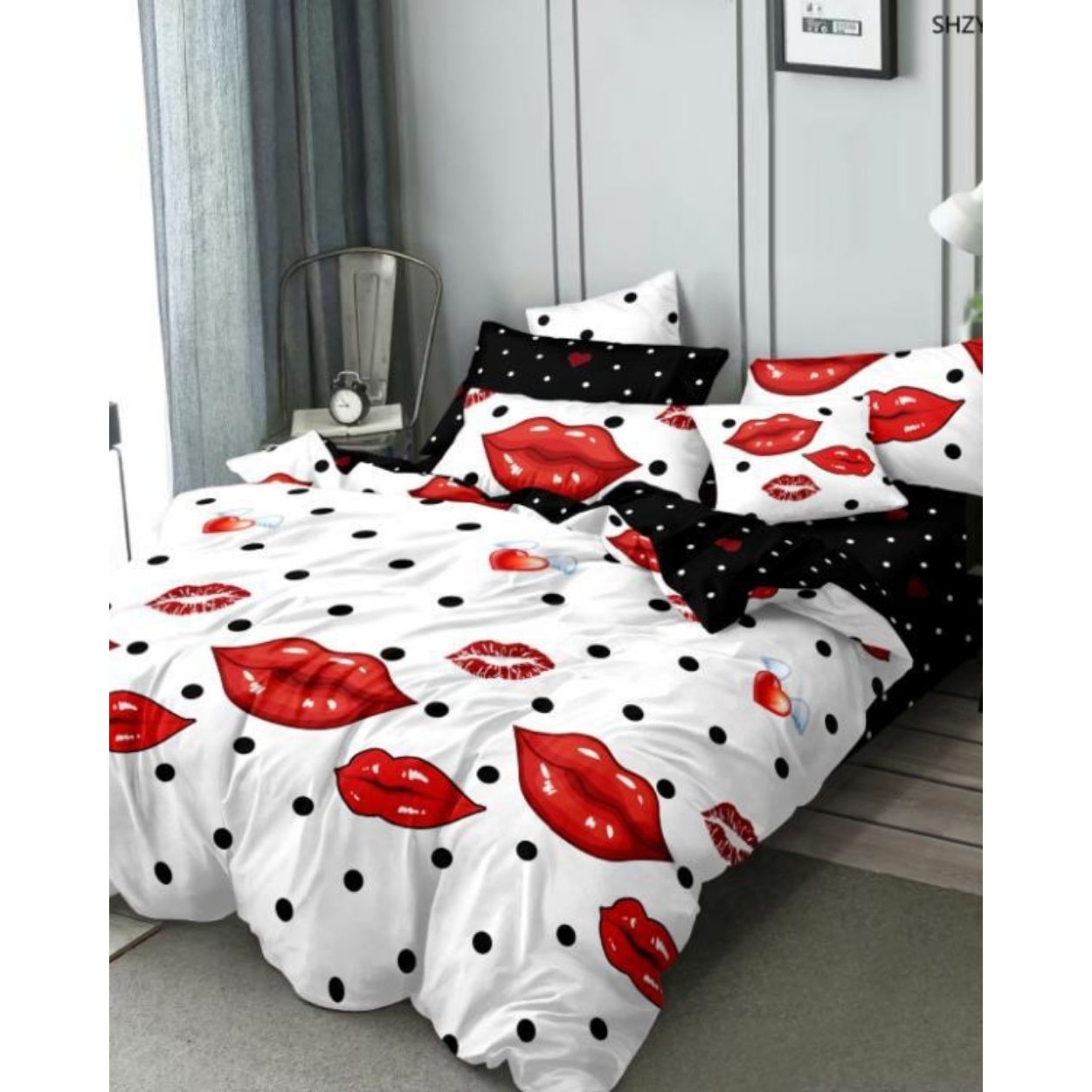 Set Lenjerie de Pat din Finet cu 2 Fete, 6 Piese, Pat 2 Persoane, Kisses