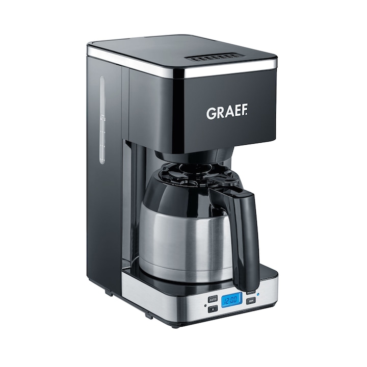Cafetiera programabila Graef, FK512, cu functie de preinfuzare pentru potentarea aromei, functie antipicurare, capacitate 1L / 8 cesti, timer, oprire automata, carafa din inox cu pereti dubli pentru mentinerea cafelei calde, negru