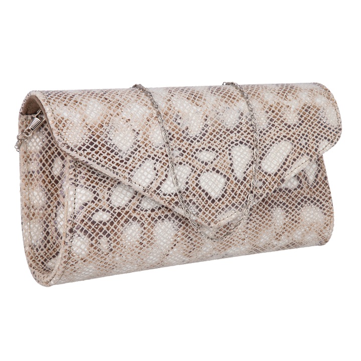 Valódi bőrből készült boritéktáska, bézs-krém, kigyó bőr hatású, 08 modell, TheBagShop