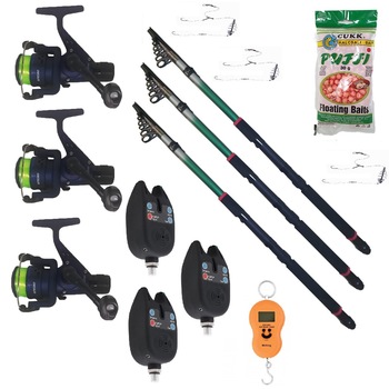 Set 3 lansete eastshark 2,7m, 3 senzori, 3 mulinete, cantar, pufuleti si monturi Set 3 lansete eastshark 2,7m, 3 senzori, 3 mulinete, cantar, pufuleti si monturi