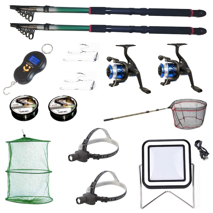 Set 2 lansete eastshark 2.7m, cantar electronic, 2 mulinete yf200, 2 forfati, 2 gute, 2 lanterne frontale, un proiector solar, juvelnic si minciog
