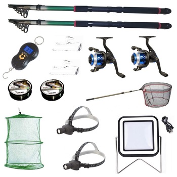 Set 2 lansete eastshark 2.7m, cantar electronic, 2 mulinete yf200, 2 forfati, 2 gute, 2 lanterne frontale, un proiector solar, juvelnic si minciog Set 2 lansete eastshark 2.7m, cantar electronic, 2 mulinete yf200, 2 forfati, 2 gute, 2 lanterne frontale, un proiector solar, juvelnic si minciog