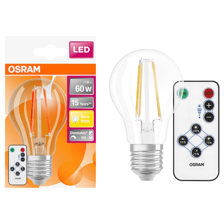 Osram, Vintage LED izzó (dekoratív) távirányítóval, szabályozható, A60, E27, 7W (60W), 806 lm, meleg fehér fény (2700K)