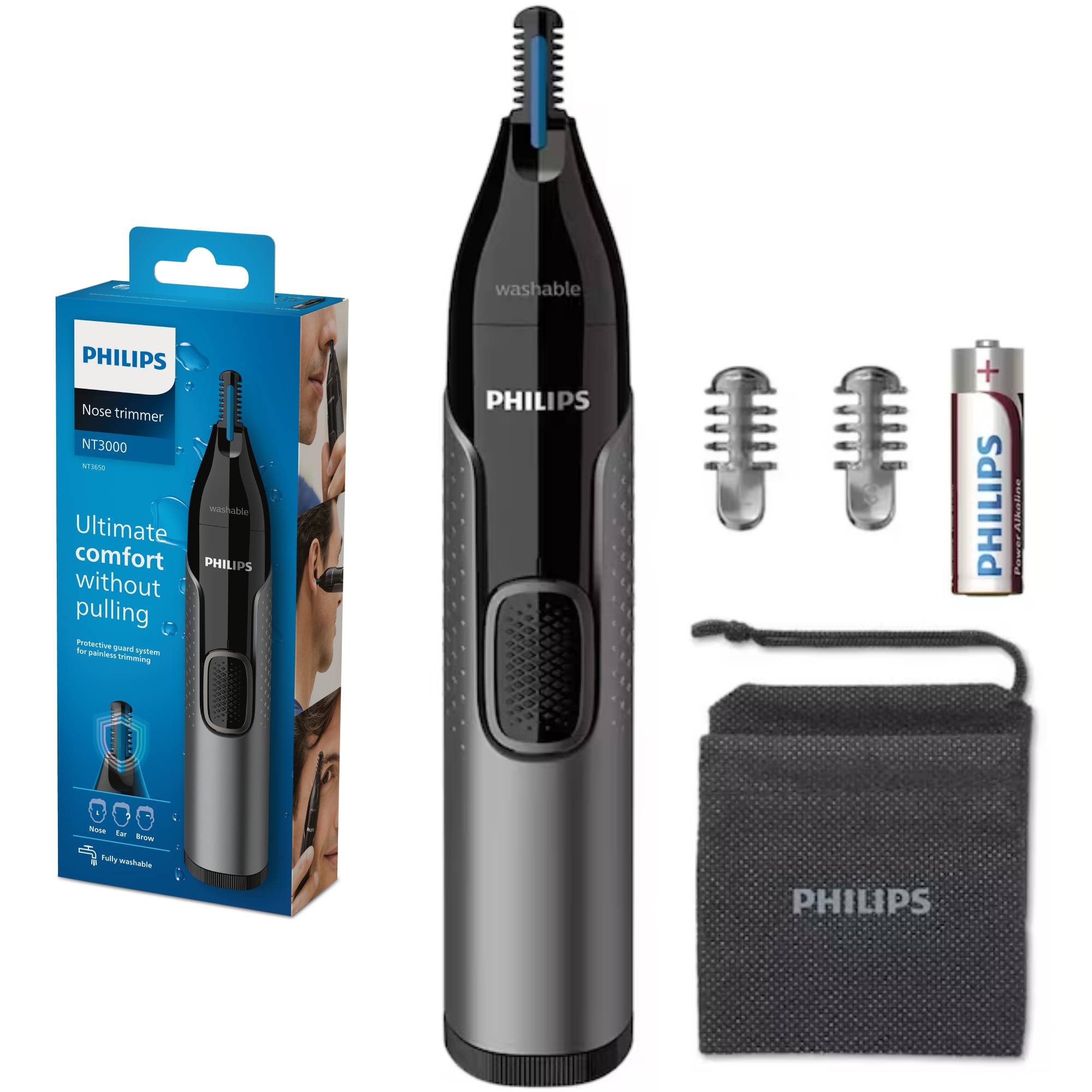Trimmer pentru nas/urechi PHILIPS NT3650/16, baterie, lavabil, tehnologie Precision Trim, otel inoxidabil, pieptene pentru sprancene, pieptene 5 mm, Gri