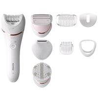 Epilator, Philips, 32 pensete, 40 de minute de functionare dupa 2 ore de incarcare, 8 accesorii, Alb