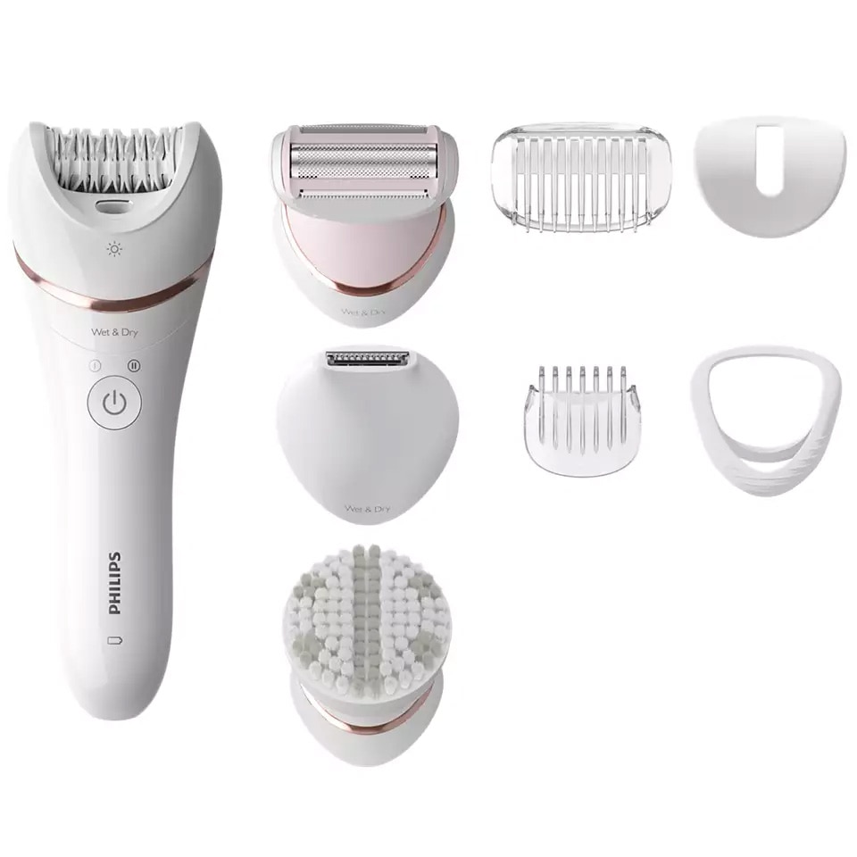 Epilator, Philips, 32 pensete, 40 de minute de functionare dupa 2 ore de incarcare, 8 accesorii, Alb