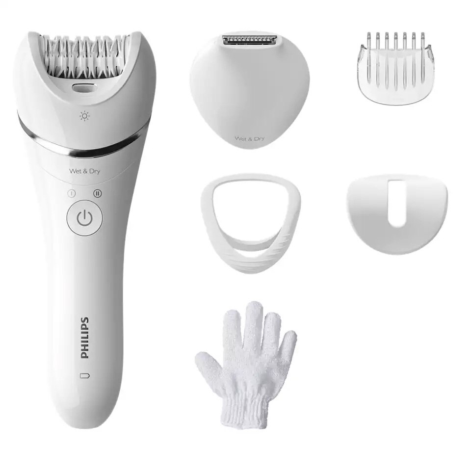 Epilator, Philips, 40 de minute de functionare dupa 2 ore de incarcare, 6 accesorii, Alb