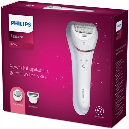 Epilator umed si uscat Philips Seria 8000 BRE730/10, 7 accesorii, 32 pensete, utilizare fara fir, 2 setari viteza, opti-light, discuri ceramice, Argintiu