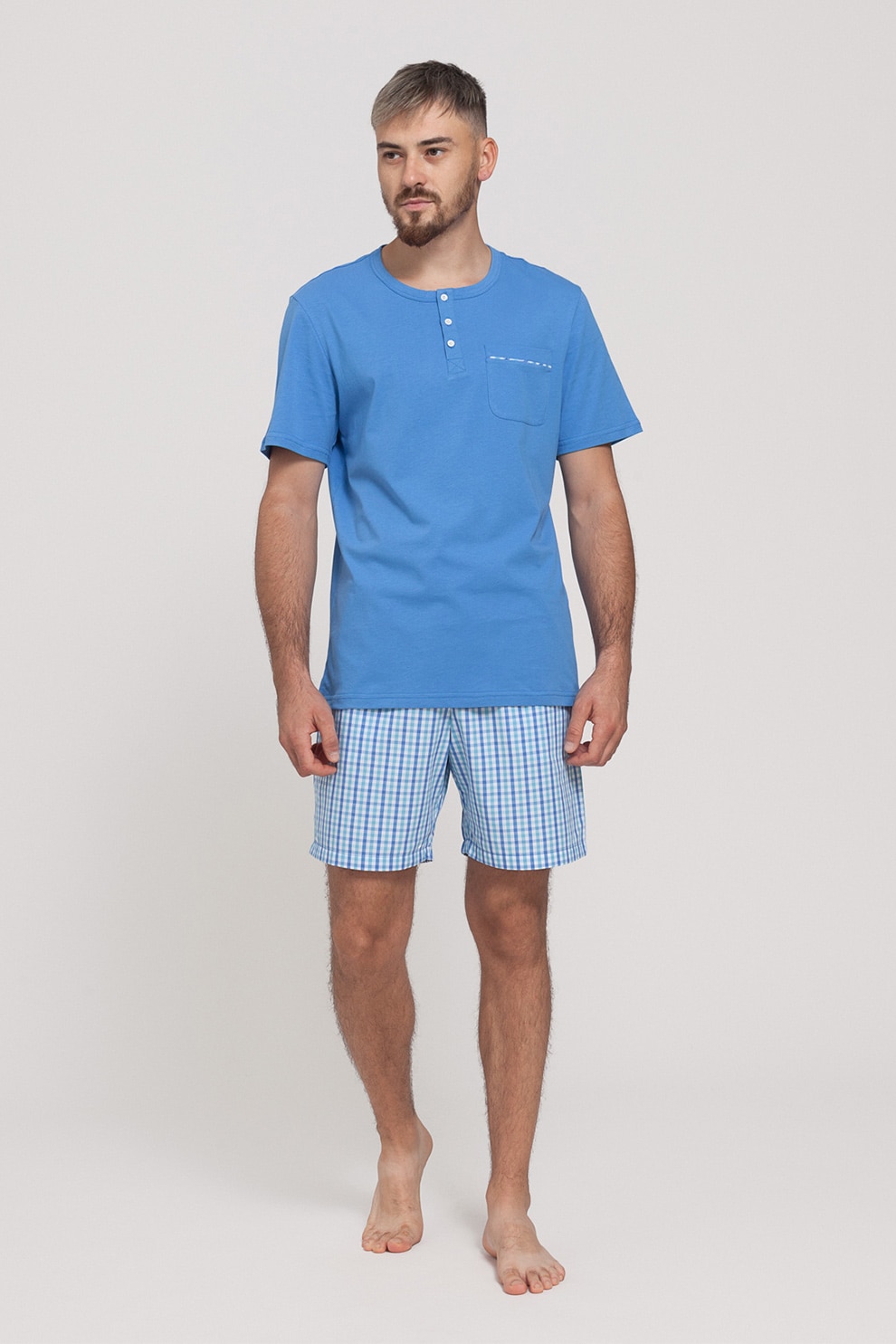 Sofiaman, Pijama cu pantaloni cu model in carouri, Bleu/Alb, S