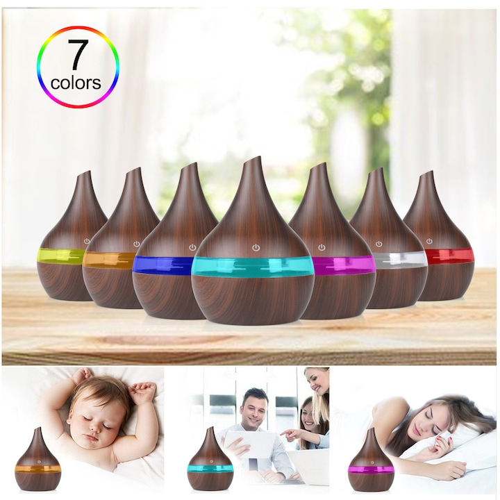 Umidificator cu Ultrasunete RoveRim, capacitate 400 ml, Aroma Difuzor, Alimentare Priza, Stejar Inchis