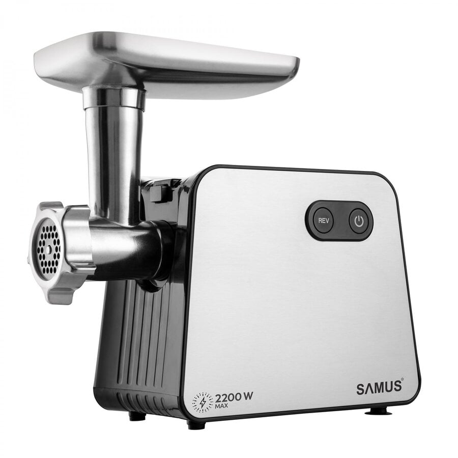 Masina de tocat carne Samus SMT2200X, 2200 W, Cutit din inox, 1 viteza + revers, 3 site din otel, Accesoriu rosii, Accesoriu pentru carnati, Negru/Inox