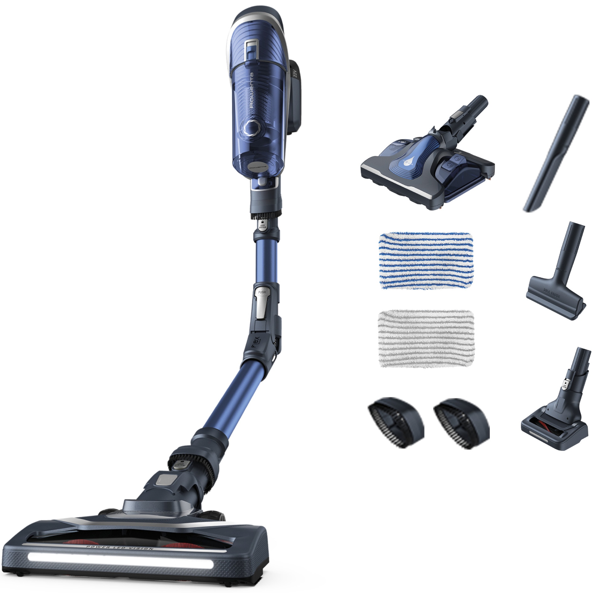 Aspirator vertical fara fir Rowenta X-Force Flex 8.60 Aqua RH9690WO cu functie de mop, 185W, 22V, autonomie 45 min, filtrare 99.9%, recipient praf 0.55 L, tub flexibil, perie cu iluminare LED, acumulator detasabil, gri & albastru