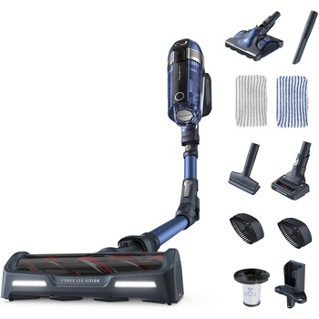 Aspirator vertical fara fir Rowenta X-Force Flex 11.60 RH9890WO cu mop, 300W, 25.2V, autonomie 45 min, filtrare 99.9%, recipient praf 0.9 L, tub flexibil, perie cu LED, panou digital SmartControl, suport de perete cu incarcare, gri & albastru