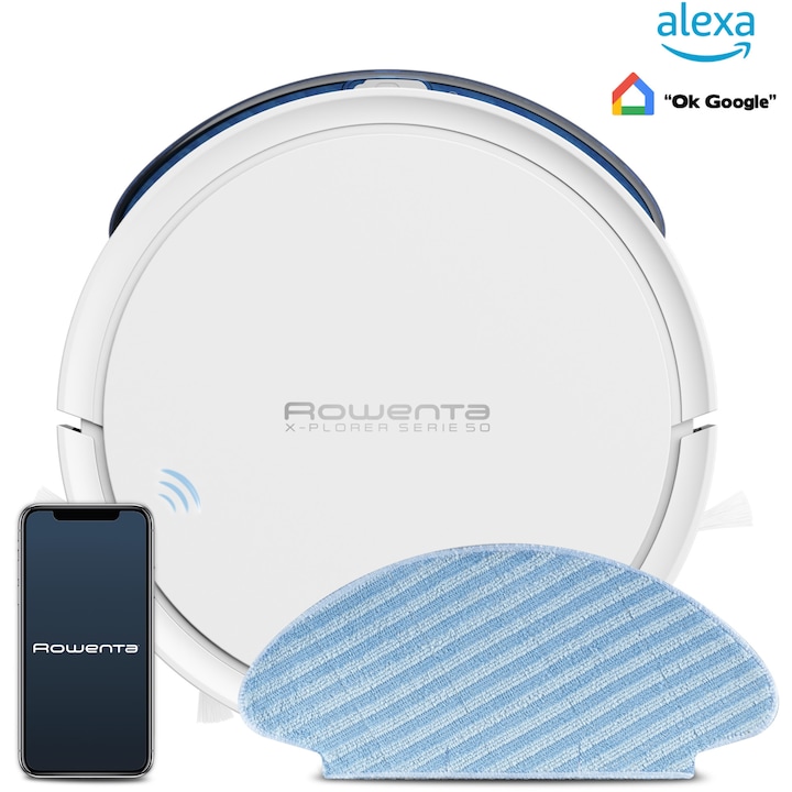Робот прахосмукачка Rowenta X-Plorer Serie 50 RR7387WH, 33W, 1500 Pa, Автономност 120 мин., 2200 mAh, 7 сензора, Контейнер за прах 0.4 л, Контейнер за вода 110 мл, 3 функции за почистване, Wi-Fi, Гласово управление, Система Aqua Force, Бял