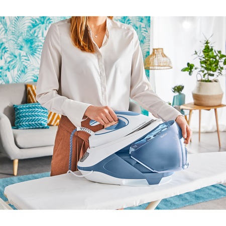 Statie de calcat Tefal Express Protect SV9202E0, 2800W, presiune 7.5 bari, rezervor 1.8L, talpa Durilium Airglide Autoclean, Alb&albastru