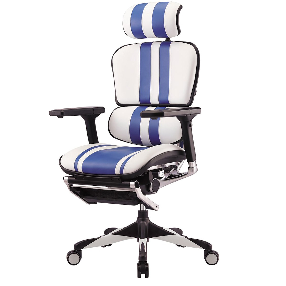 Scaun Gaming Ergohuman Elite Plus, structura aluminiu, brate reglabile, piele ecologica Alb cu Albastru