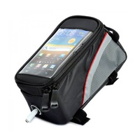 Borseta bicicleta cu husa telefon impermeabila si cablu convertor, montare pe cadru, compatibilitate universala, benzi reflectorizante, buzunar casti, Negru cu Rosu, BBL1742