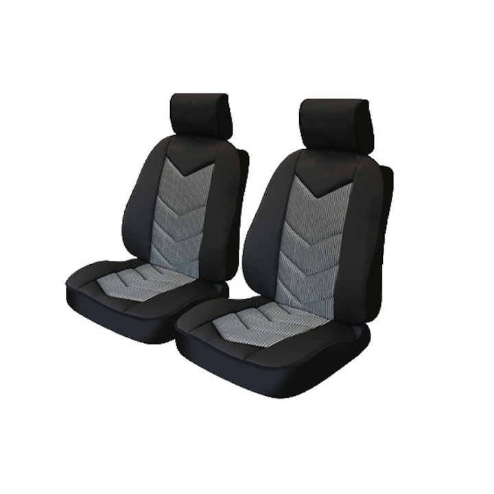 Комплект ергономични калъфи за предни седалки за кола, универсален модел, текстилен материал от 2 части, SMARTIC®, черен/сив