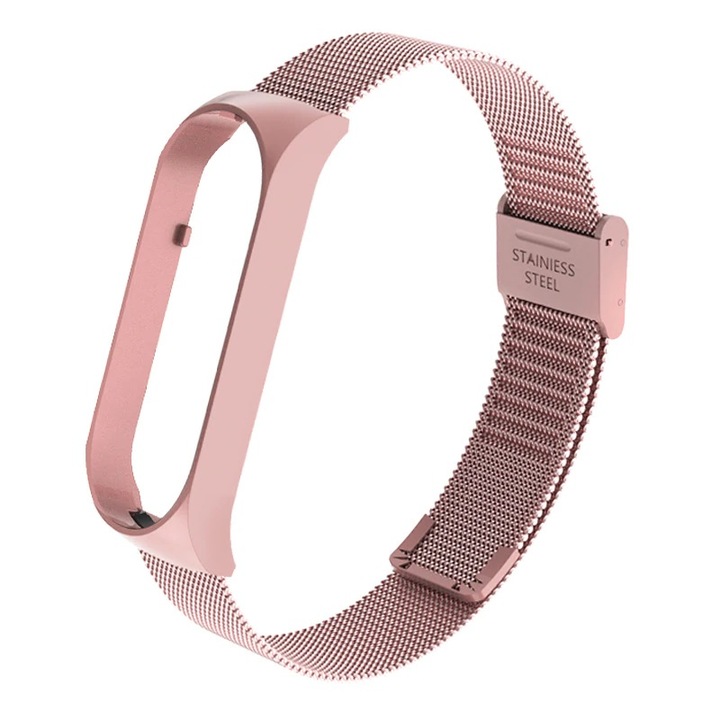 OEM Szíj Xiaomi Mi Band 5 Fitness Karkötőhöz, Rozsdamentes acélból, Rózsaszín