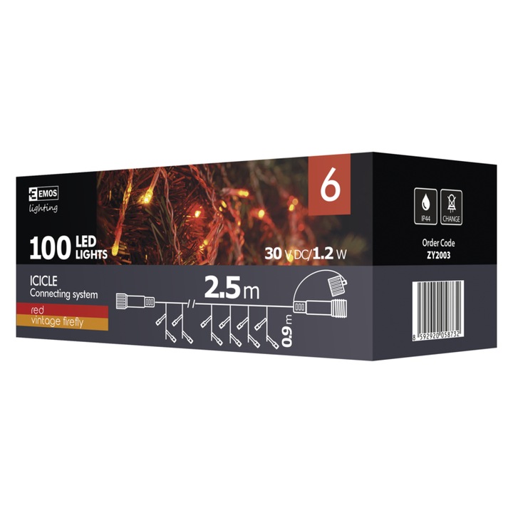Emos Fényfüzér toldalék, jégcsap, 10m ,100LED, IP44, piros / villódzó (ZY2003)