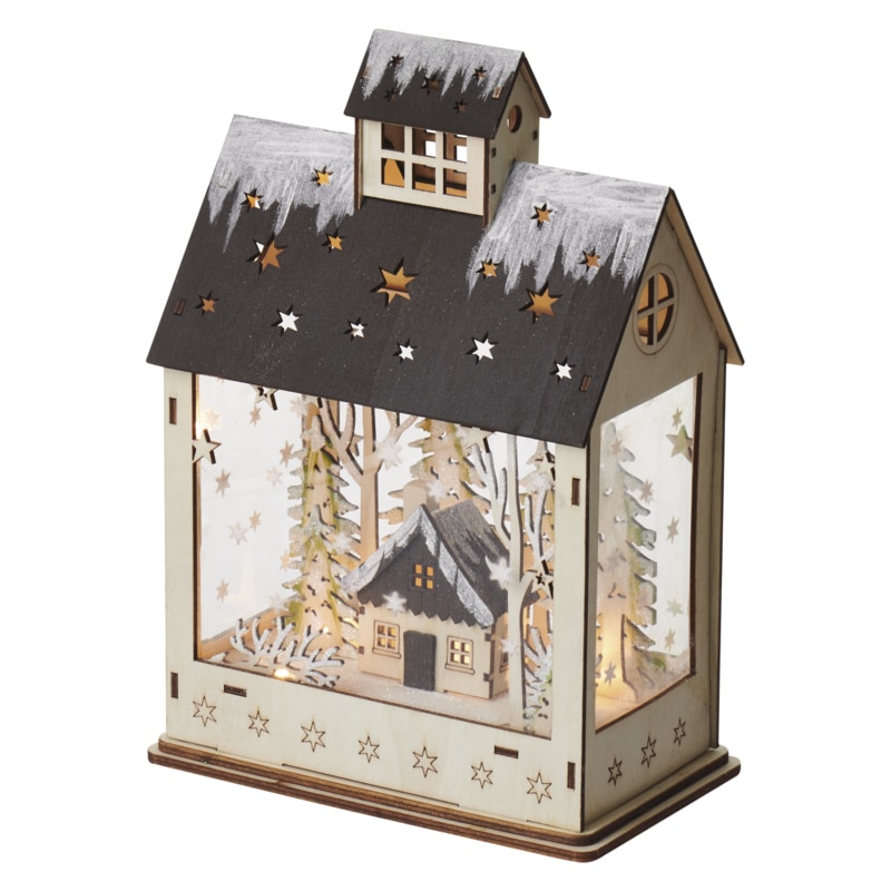 Decoratiune Craciun, Casuta, Lemn, Emos, LED 0.4W, Lumina Calda, 2xAA, IP 20