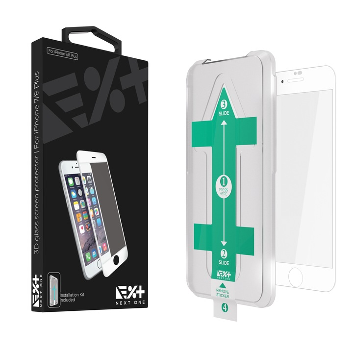 2db NEXT ONE 3D üveg védőfólia csomag iPhone 7 Plus / 8 Plus telefonhoz - fehér