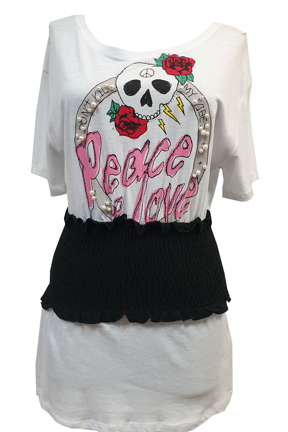 Tricou dama,Tally Weijl,alb/negru cu imprimeu floral si text si aplicatie margele,M