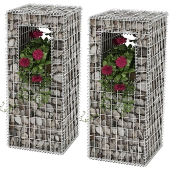 Set 2 panouri de gard tip gabion, vidaXL, Otel, 50 x 50 x 120 cm, Argintiu Set 2 panouri de gard tip gabion, vidaXL, Otel, 50 x 50 x 120 cm, Argintiu