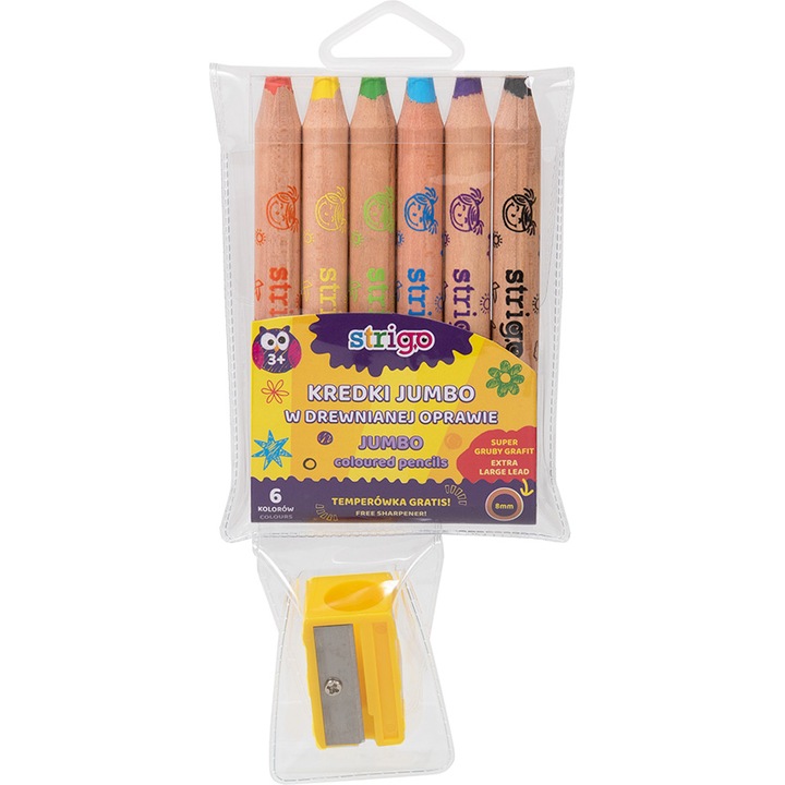 Цветни моливи Strigo Jumbo, С острилка, 6 цвята